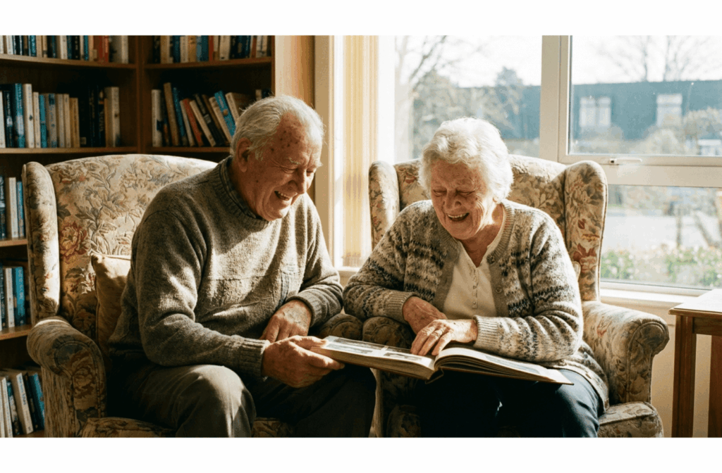 Two older adults laughing together while looking at a photo album in a sunny room.