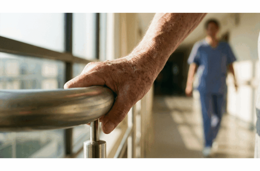 Close-up of an older adult gripping a safety handrail in a hallway while a caregiver walks nearby to monitor safety.