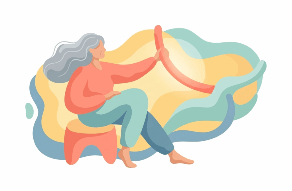 Illustration of an older adult performing seated balance exercises in a supportive environment.
