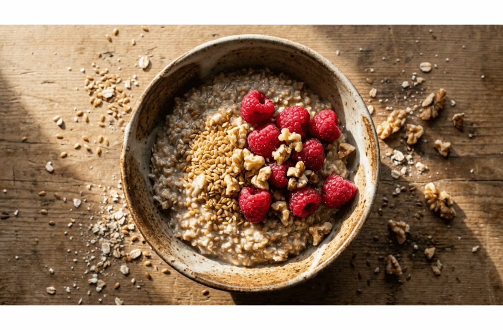 Ceramic bowl filled with oatmeal, flaxseeds, raspberries, and walnuts resting on a wooden table in natural sunlight.