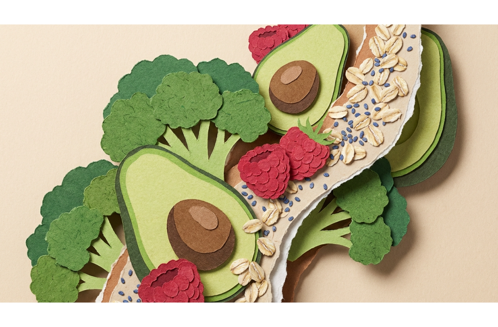 Textured paper cutout art depicting layers of broccoli, avocado, raspberries, and grains in vibrant greens and browns.