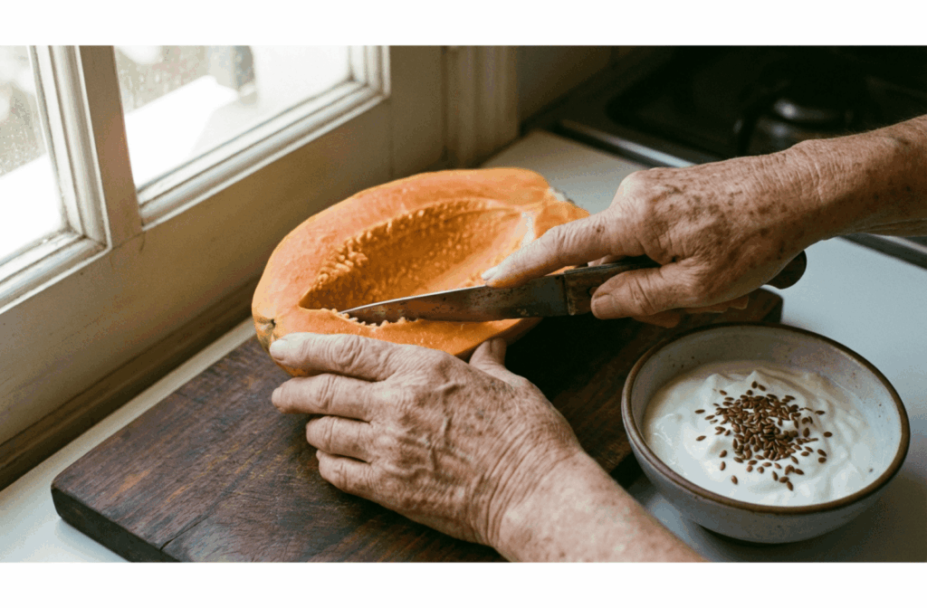 Close-up of an older adult's hands preparing a bowl of yogurt and fresh fruit on a wooden table.
