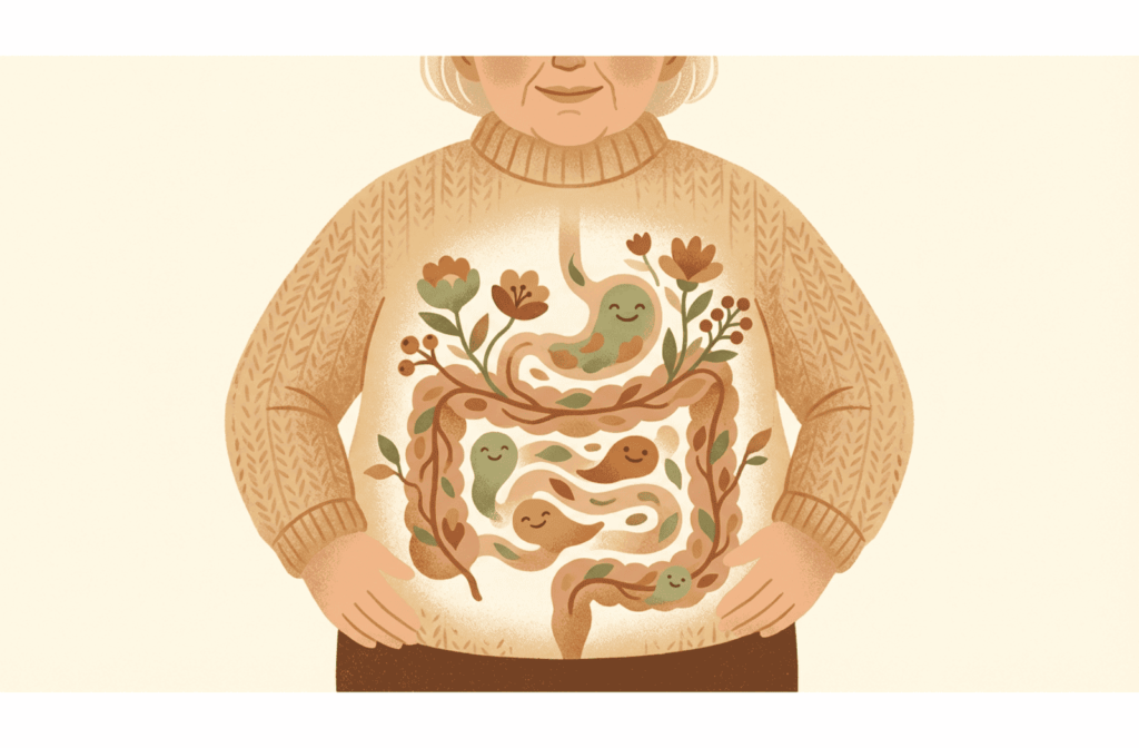 Stylized illustration depicting the human digestive system as a flourishing garden with healthy bacteria.
