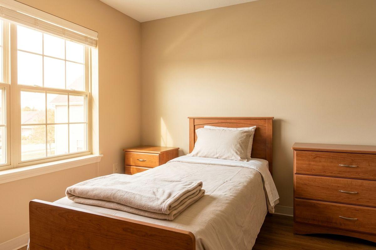 Bedroom with a wooden single bed, folded blanket, nightstand, and dresser near a sunlit window.