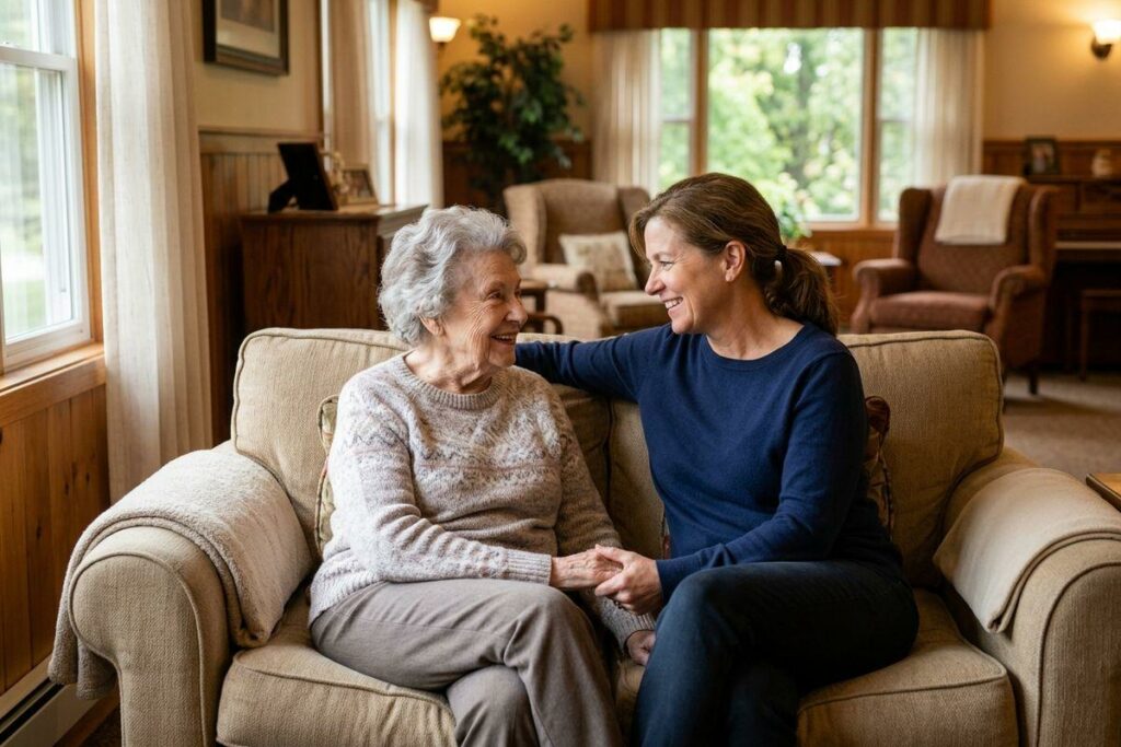 Older woman and younger woman discuss downsizing for assisted living