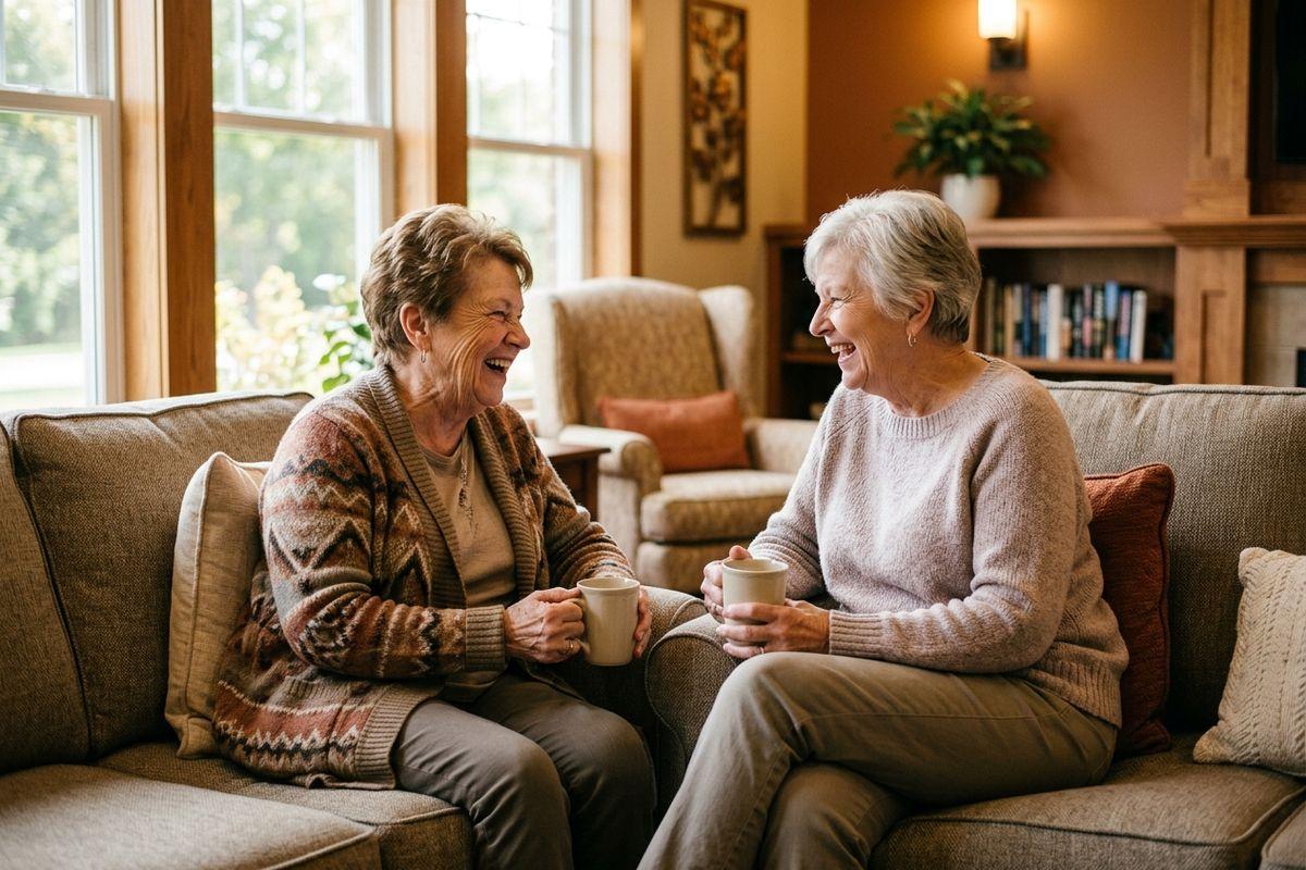 Two seniors sit on a sofa holding mugs, laughing together in a cozy living room.