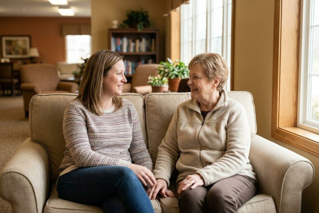 An older and a younger adult smiling together on a beige sofa.