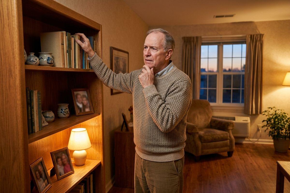 An older adult looking thoughtful while reaching for a book in a living room.