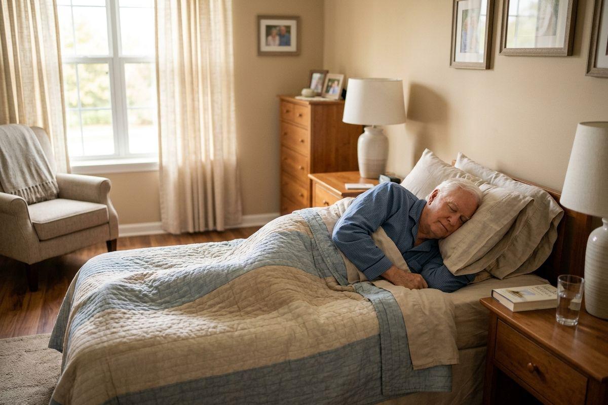 An older adult in blue pajamas sleeping in bed under a quilt in a bedroom, with a nightstand, lamp, and framed photos in their new home in memory care.