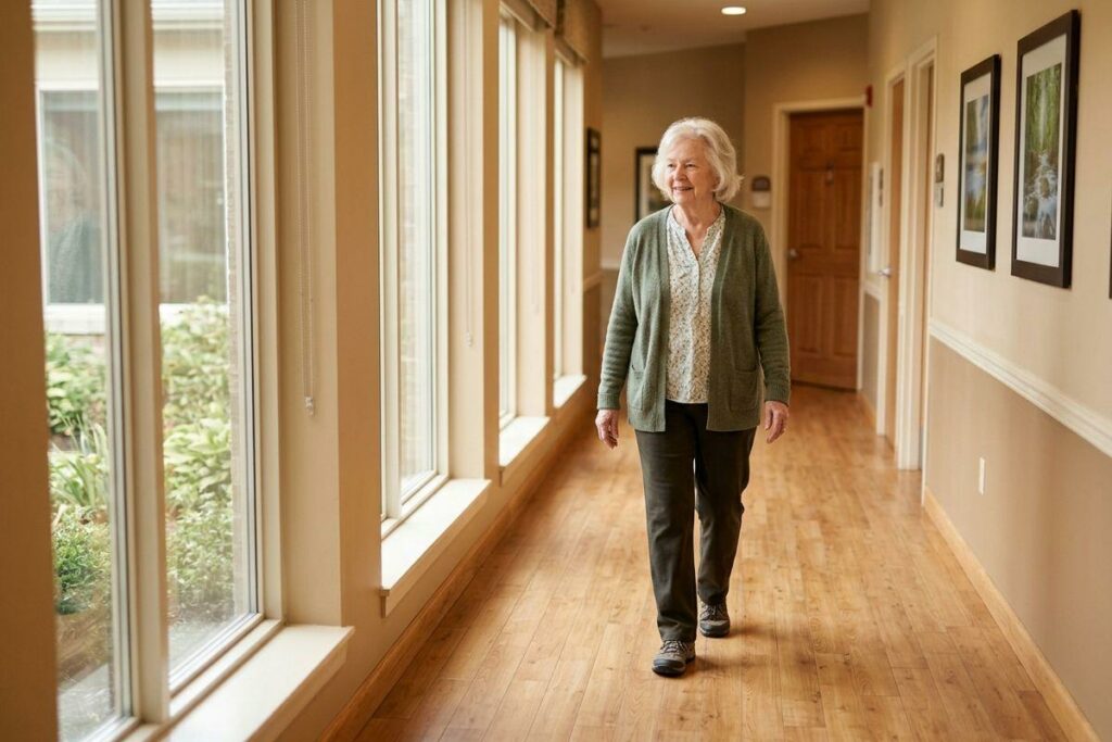 An older adult in a green cardigan walks down a bright hallway with large windows and framed pictures in their new memory care community.